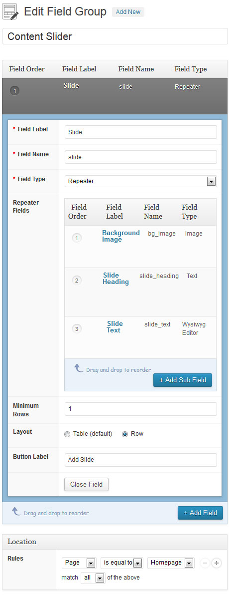 advanced custom fields content slider settings