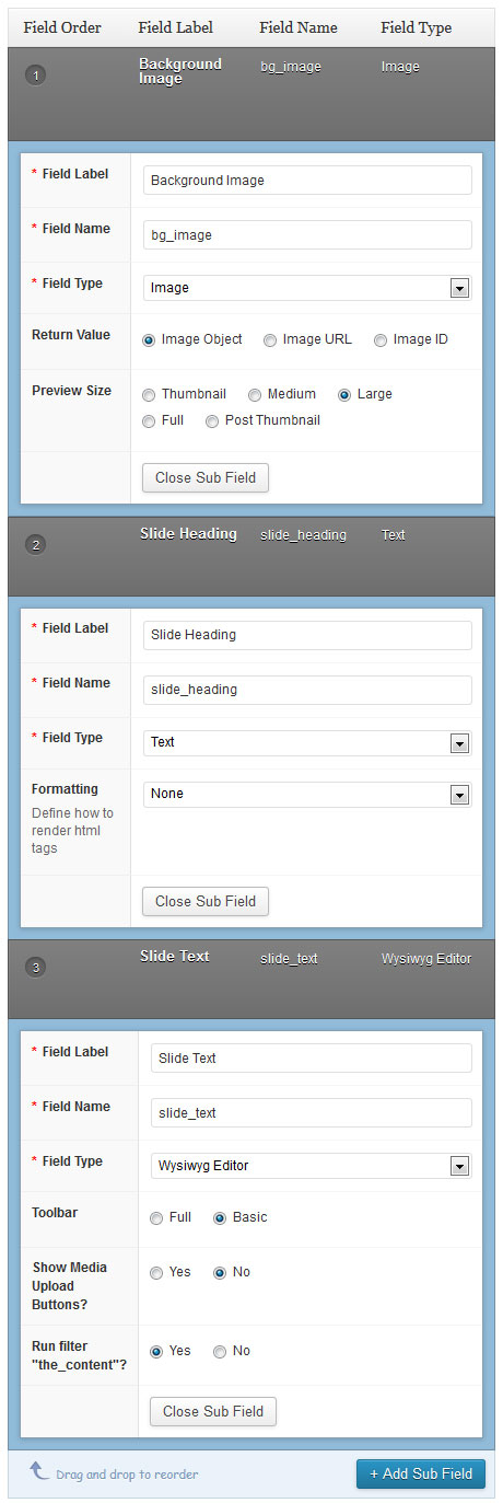 advanced custom fields repeater settings for slider