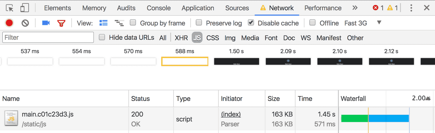 Performance profile of client rendered app with Fast 3G settings