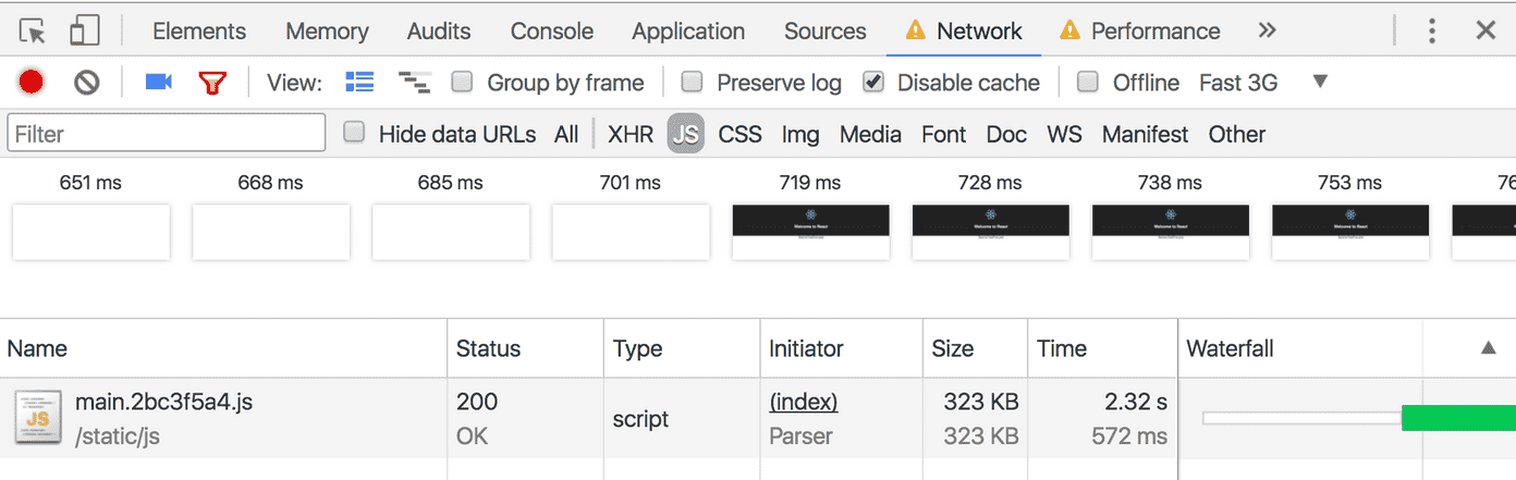 Performance profile of static build with Fast 3G settings